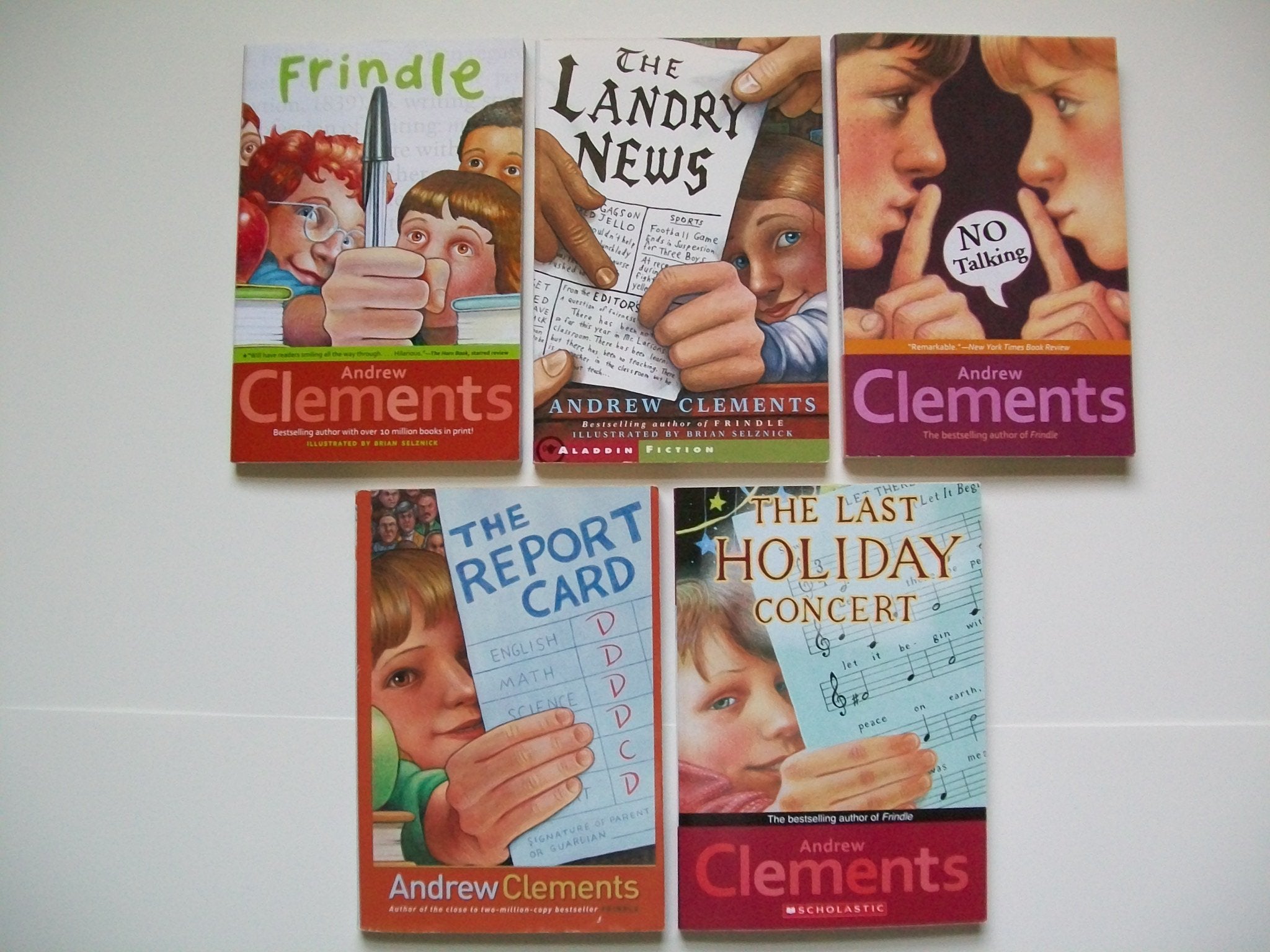 Andrew Clements (Set of 5) Frindle; Landry News; No Talking; Report Car; Last Holiday Concert Books