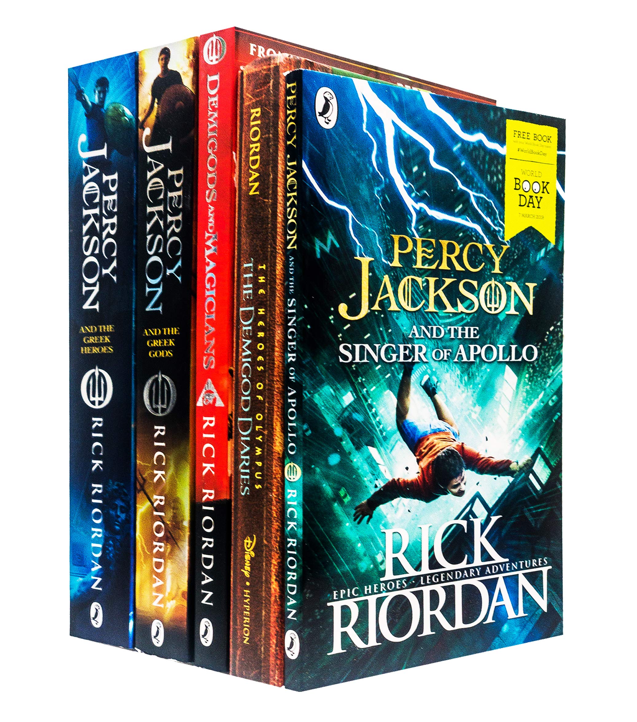 Rick Riordan Collection 5 Books Set - Percy Jackson and The Greek Heroes, The Greek Gods, The Demigod Diaries, Demigods and Magicians, Singer of Apollo WBD 2019 Books