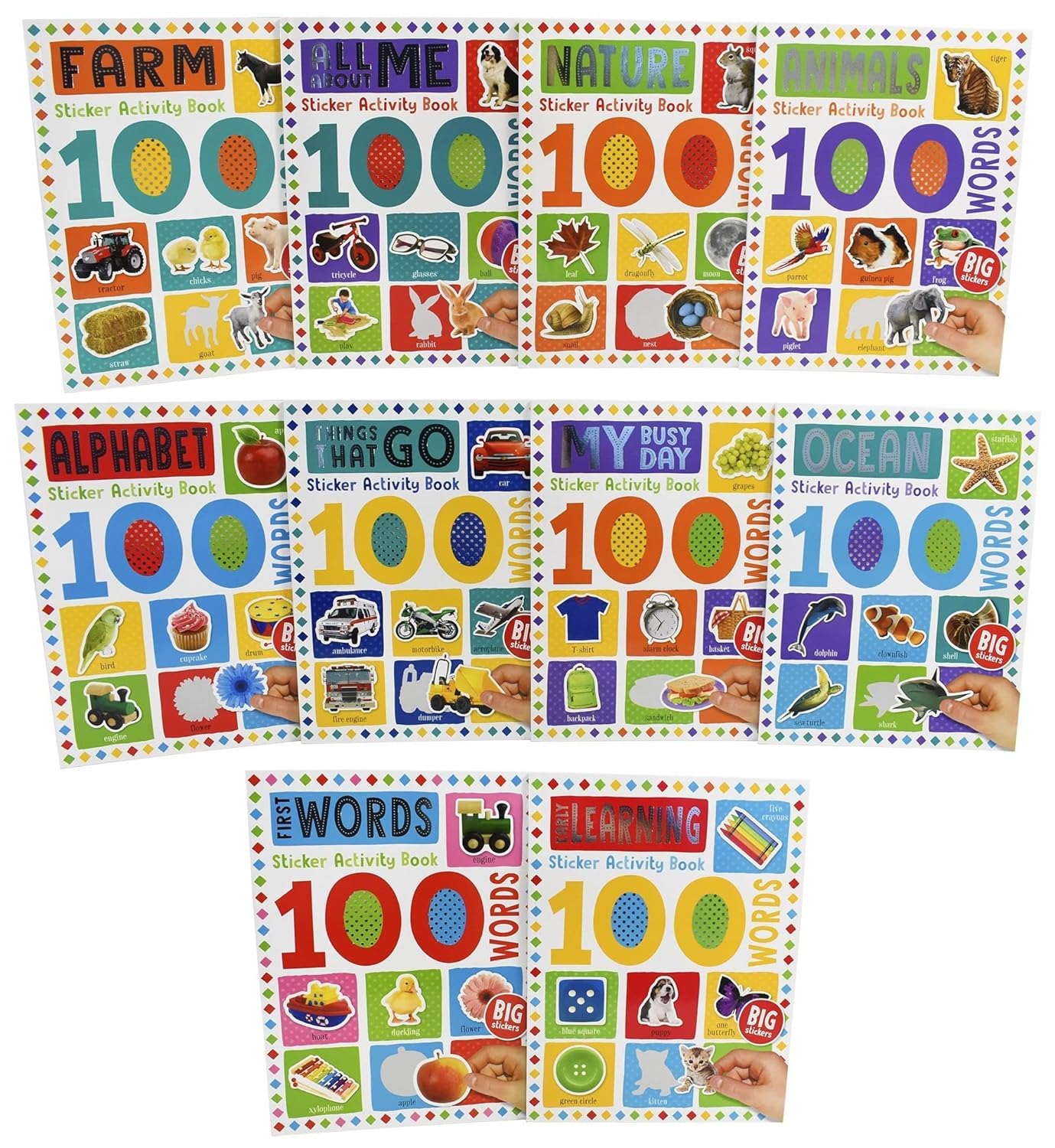 My First 100 Words Home Learning Sticker Activity 10 Books Set (Alphabet, My Busy Day, Nature, Ocean, All About Me, Early Learning, First Words, Farm, Things That Go & Animal) Books