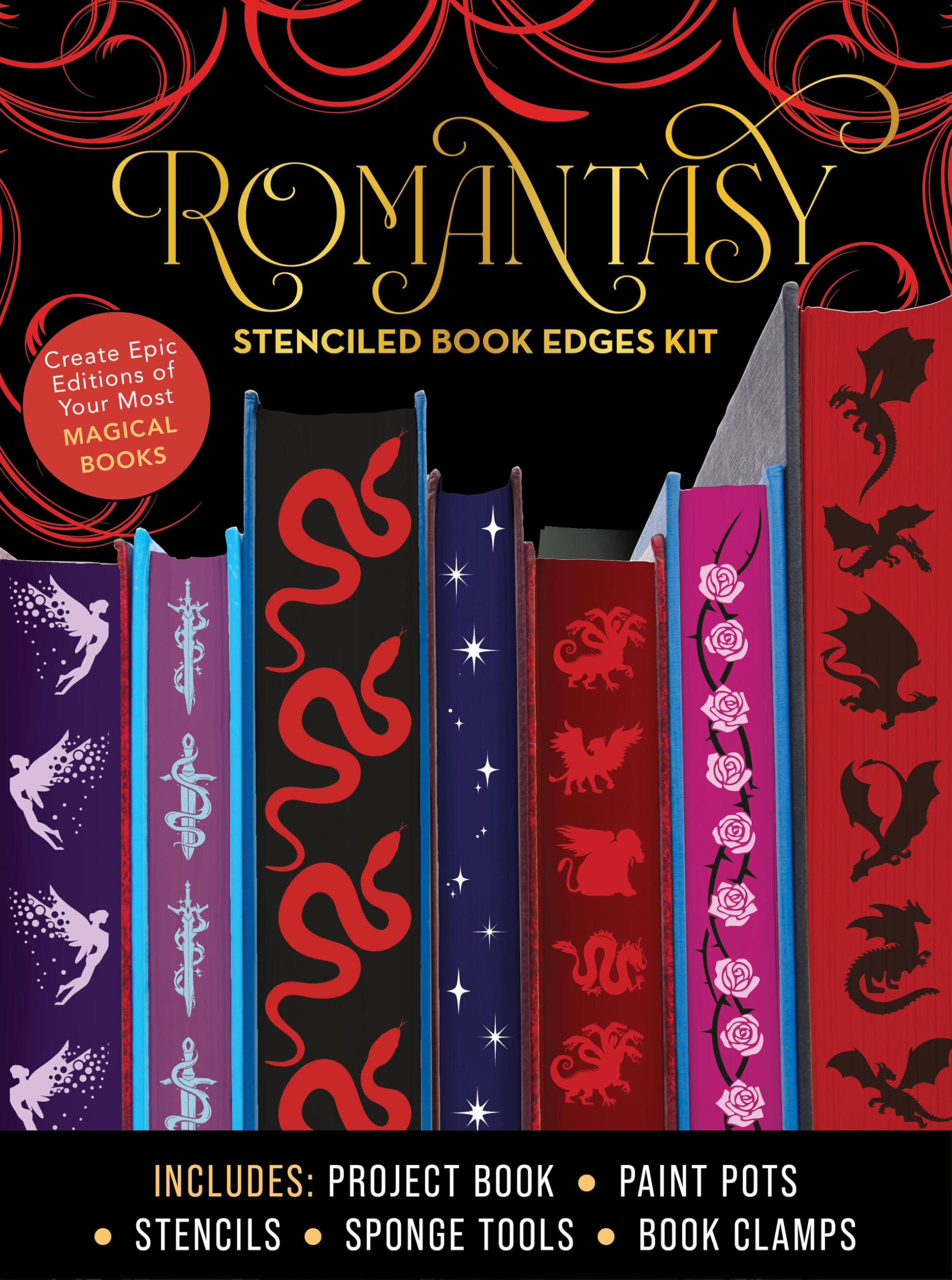 Romantasy Stenciled Book Edges Kit: Create Epic Editions of Your Most Magical Books - Includes: Project Book, Paint Pots, Stencils, Sponge Tools, Book Clamps Contemporary literature