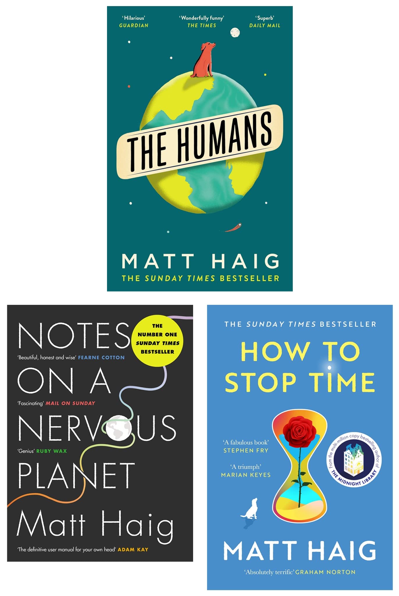 Matt Haig Collection 3 Books Set (The Humans, Notes on a Nervous Planet & How to Stop Time) Children's books