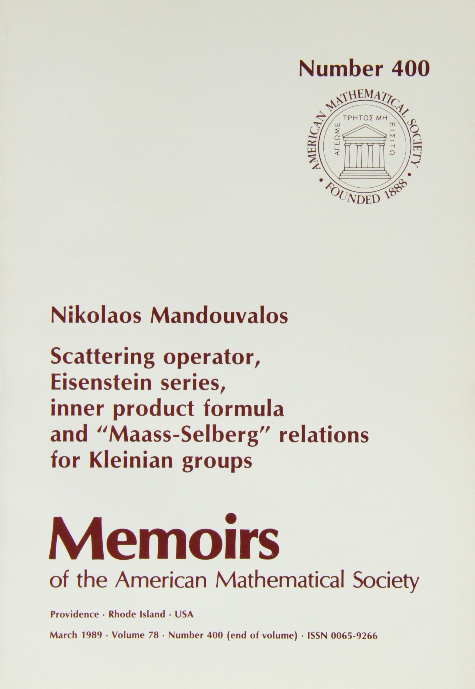 Scattering Operator, Eisenstein Series, Inner Product Formula and "Maass-Selberg" Relations (Memoirs of the American Mathematical Society) Mathematics