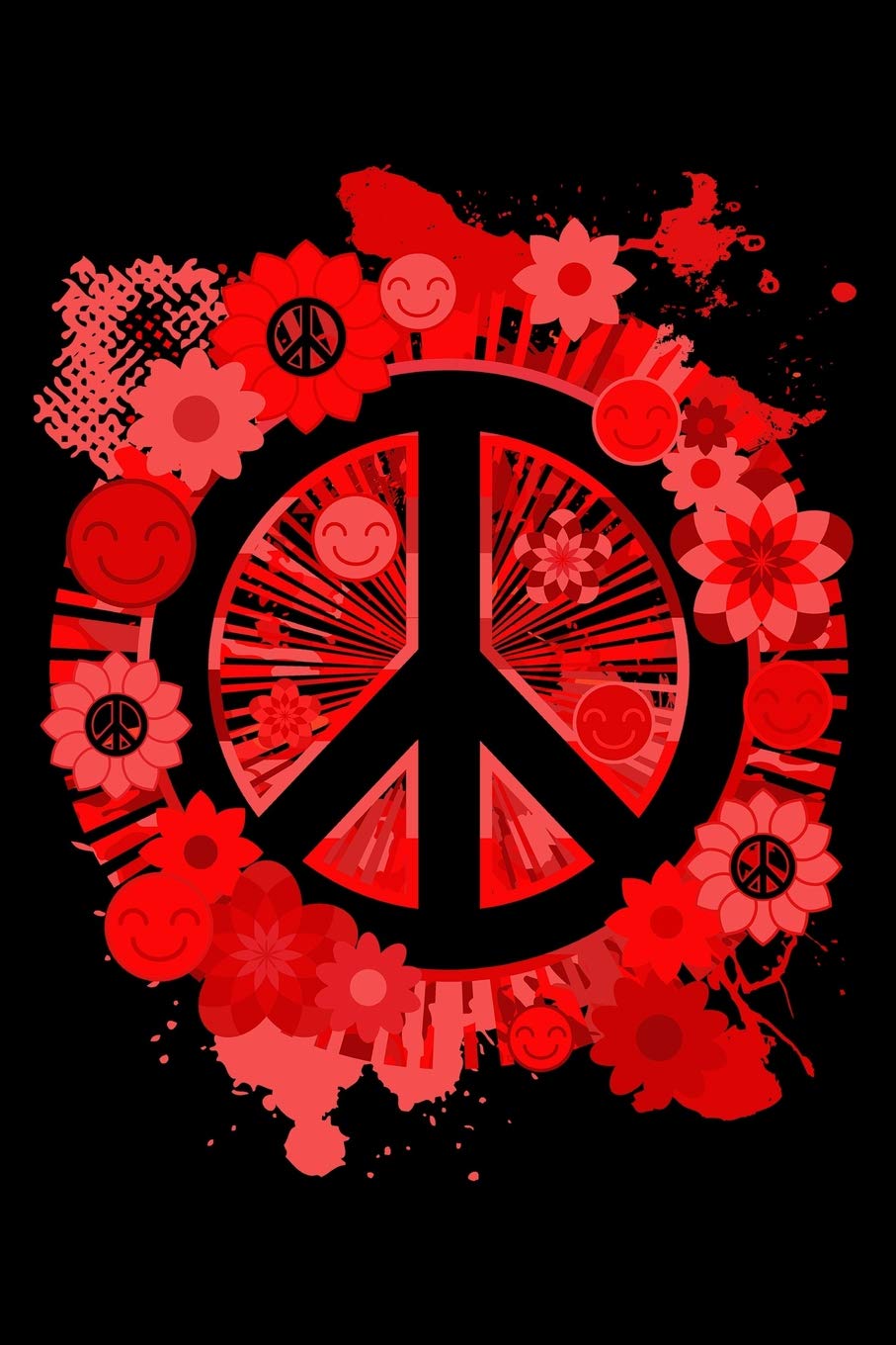 Journal: Red Peace Sign 60s 70s Hippie Happiness Smiley Flowers Black Lined Notebook Writing Diary - 120 Pages 6 x 9 Film, Art & Culture