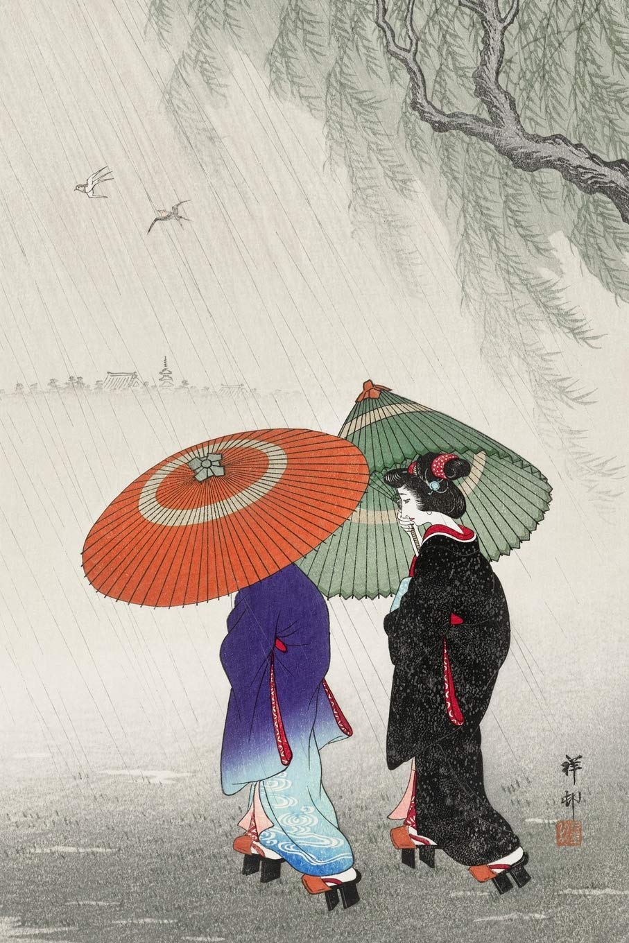 Zwei Frauen im Regen: Designer Notizbuch, Tagebuch für Künstler, Japan Notebook, Notizheft etwa A5 (15,3 x 22,9 cm), liniert mit Motiv: “Zwei Frauen im Regen“ von Ohara Koson Film, Art & Culture