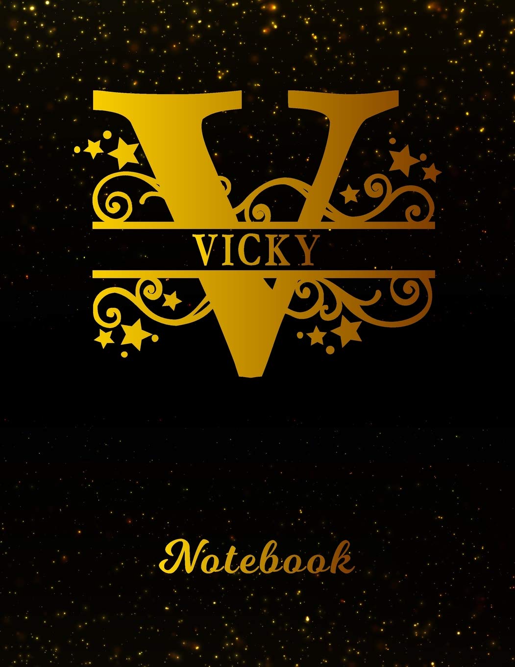 Vicky Notebook: Letter V Personalized First Name Personal Writing Notepad Journal | Black Gold Glitter Pattern Effect Cover | College Ruled Lined ... Taking | Write about your Life & Interests book