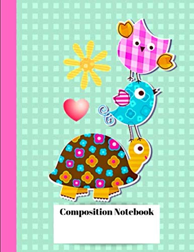 Composition Notebook: Owl, Blue Bird, Turtle with Hearts and Sun and Mint Green Background College Ruled 8,5x11in Notebook for girls, boys, students, Moms and Teachers Media & Communication