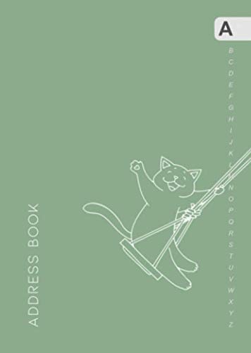 Address Book: B6 Contact Notebook Organizer Small with Alphabetical Tabs Printed | Smiling Cat on A Swing Design Dusty Green Media & Communication