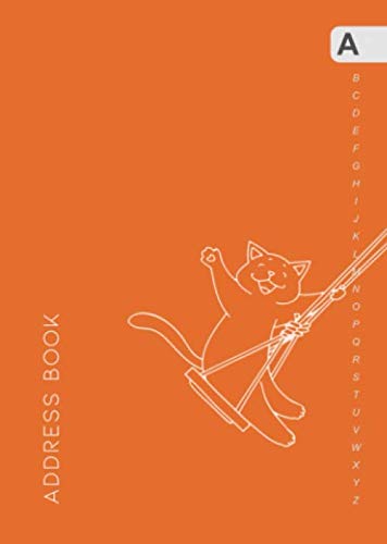 Address Book: B6 Contact Notebook Organizer Small with Alphabetical Tabs Printed | Smiling Cat on A Swing Design Orange Media & Communication