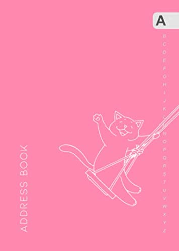 Address Book: B6 Contact Notebook Organizer Small with Alphabetical Tabs Printed | Smiling Cat on A Swing Design Pink Media & Communication