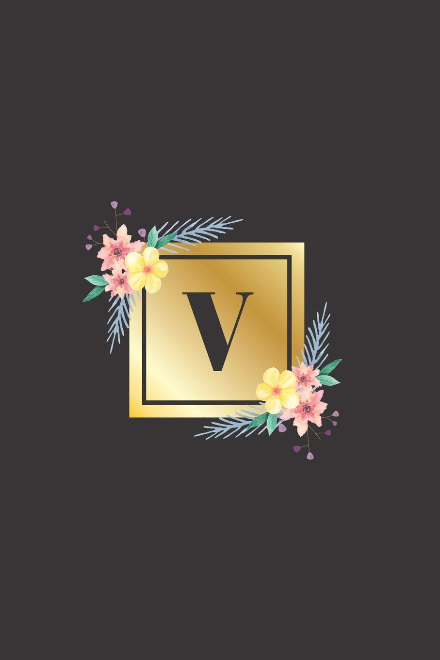V: Monogrammed Initial Notebook, black, white, gold and floral notebook cover with 120 blank pages. Essays & Short Stories