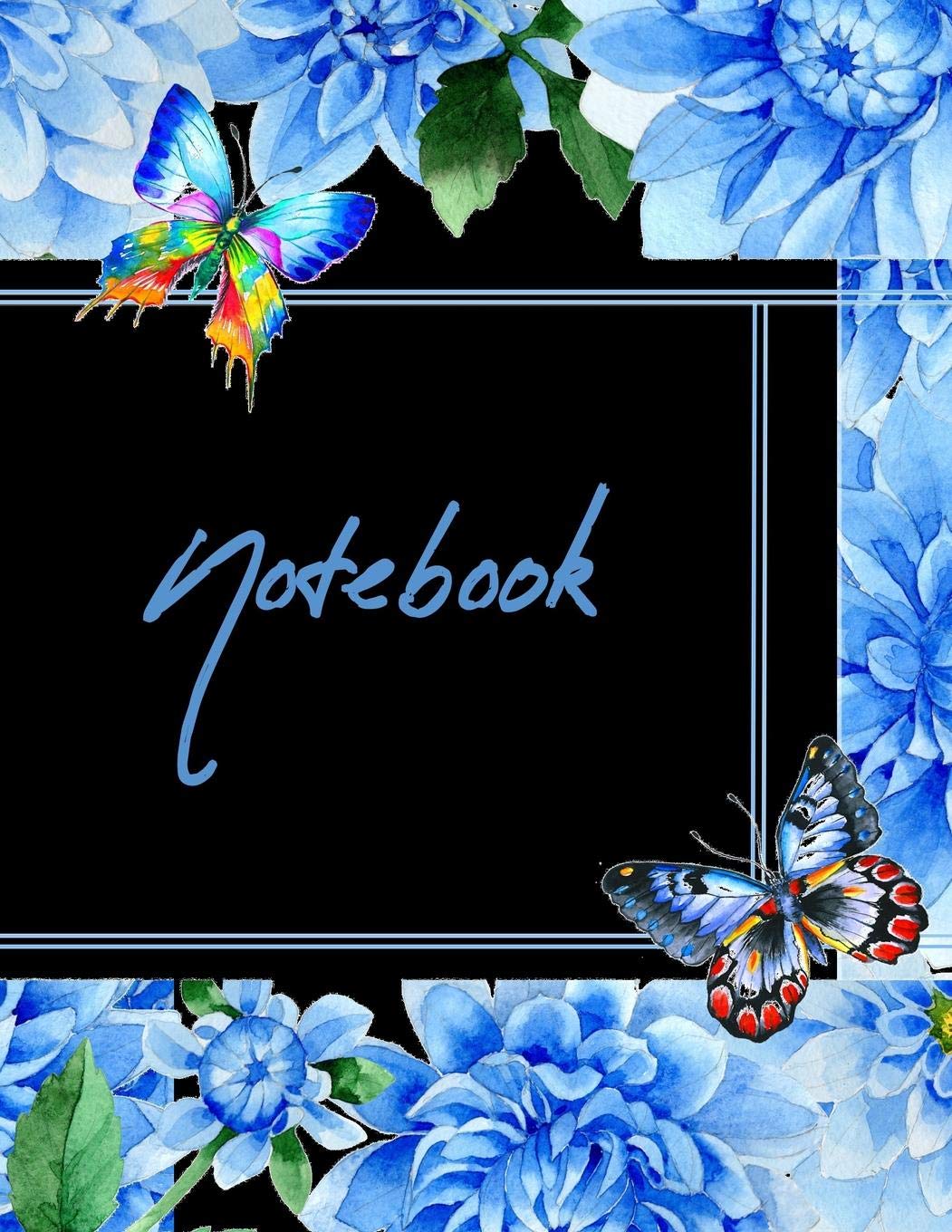 Notebook: Large Size College Ruled Blue Dahlia Flowers Butterflies Cover - Blank Lined Interior Study Guides