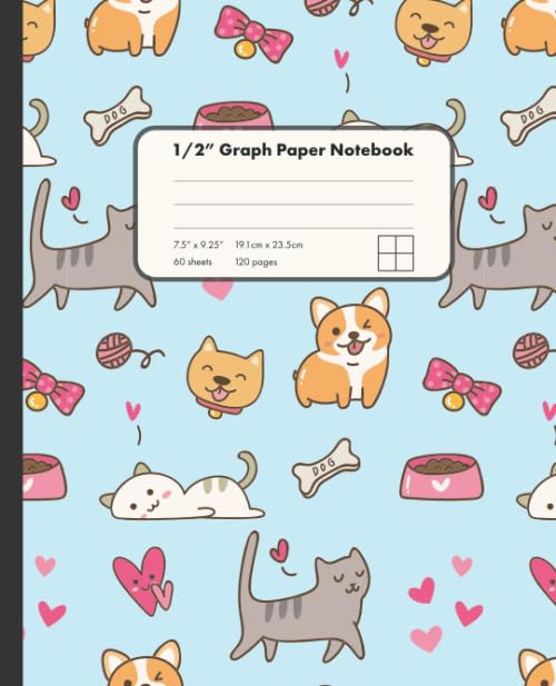 1/2" Graph Paper Notebook: Cute Kittens and Puppies On Blue Background 1/2 Inch Square Graph Paper Notebook For Math And Drawing | 7.5" x 9.25" Graph ... for Girls Kids Teens Students for Home School Non-fiction
