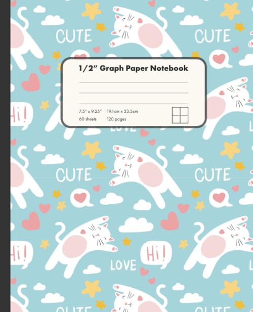 1/2" Graph Paper Notebook: Cute Cats Rainbow On Baby Blue Background 1/2 Inch Square Graph Paper Notebook For Math And Drawing | 7.5" x 9.25" Graph ... for Girls Kids Teens Students for Home School Non-fiction