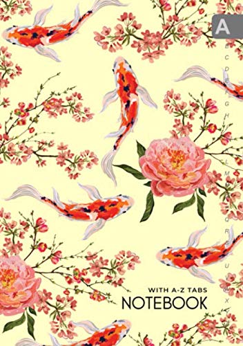 Notebook with A-Z Tabs: A5 Lined-Journal Organizer Medium with Alphabetical Tabs Printed | Koi Fish Flower Japanese Design Yellow Media & Communication