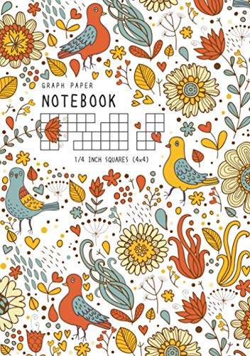 Graph Paper Notebook 1/4 Inch Squares: B5 Medium Composition Book Quad Ruled for Math and Science | 4 Grids per Inch - 4x4 | Retro Bird Floral Design White Media & Communication