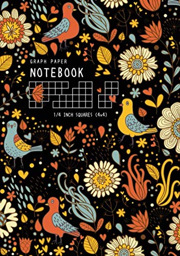 Graph Paper Notebook 1/4 Inch Squares: B5 Medium Composition Book Quad Ruled for Math and Science | 4 Grids per Inch - 4x4 | Retro Bird Floral Design Black Media & Communication