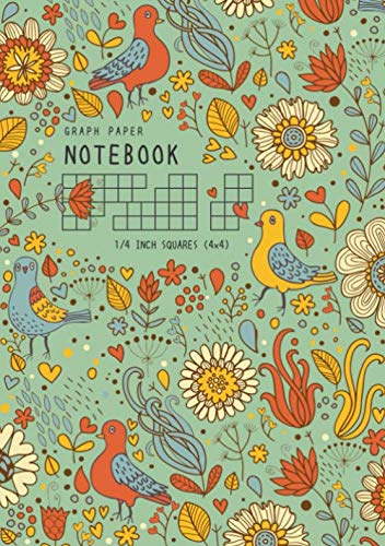 Graph Paper Notebook 1/4 Inch Squares: B5 Medium Composition Book Quad Ruled for Math and Science | 4 Grids per Inch - 4x4 | Retro Bird Floral Design Green book