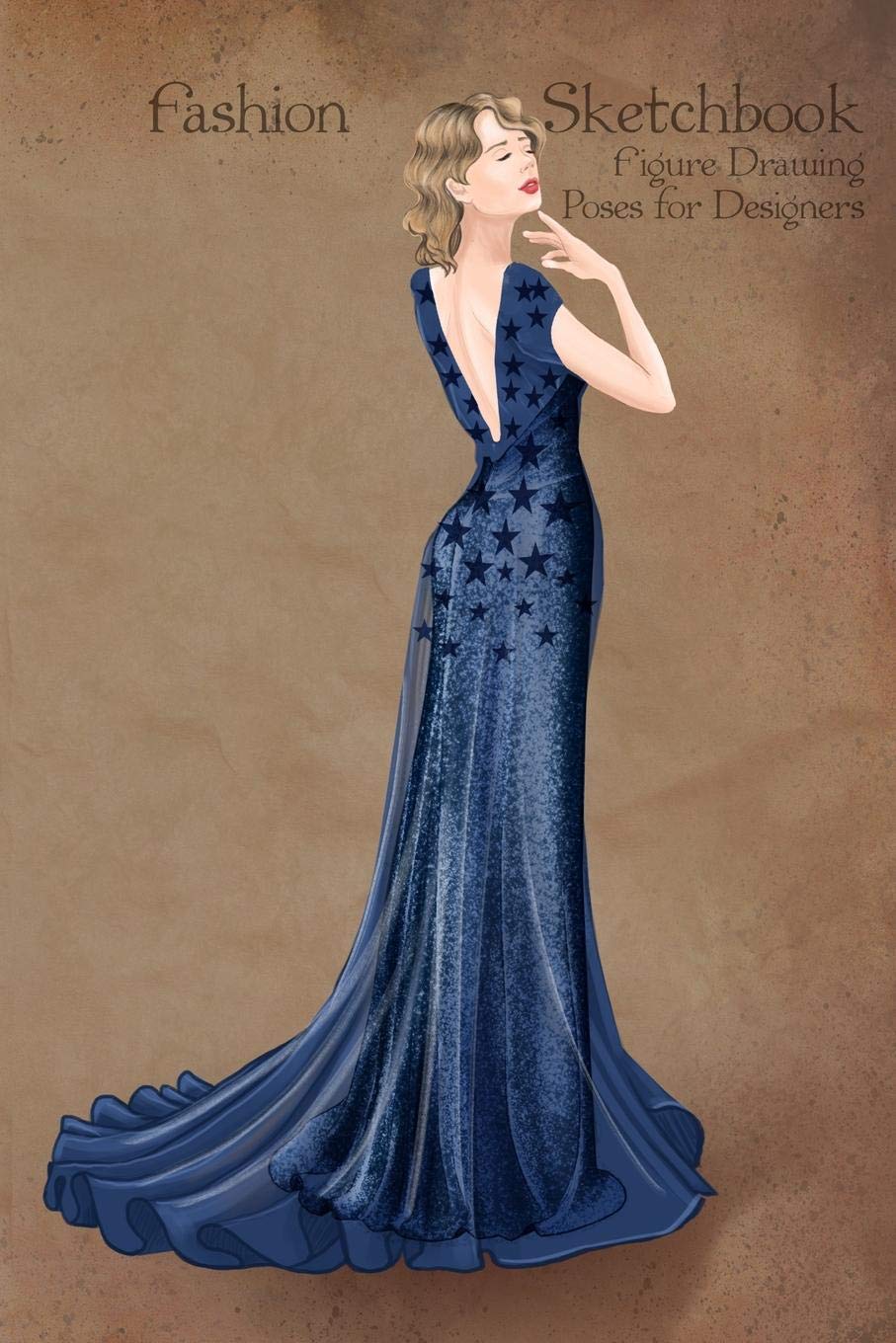 Fashion Sketchbook Figure Drawing Poses for Designers: Fashion sketch templates with 1930 vintage style blue dress illustration with stars Film, Art & Culture