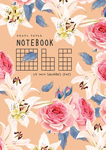 Graph Paper Notebook 1/5 Inch Squares: B6 Small Composition Book Quad Ruled for Math / Science | 5 Grids per Inch - 5x5 | Elegant Rose Lilly Design Orange Learning & Reference