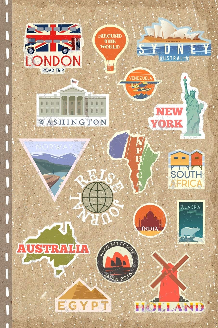Reisejournal: Weltenbummler Tagebuch zum Selbstgestalten, Blanko ca. A5 - Reise Journal für Globetrotter, Urlaub, Ferien, Auslandsjahr, Gastschüler - Vintage Sticker Weltreise Notizbuch zum Zeichnen Travel Guides