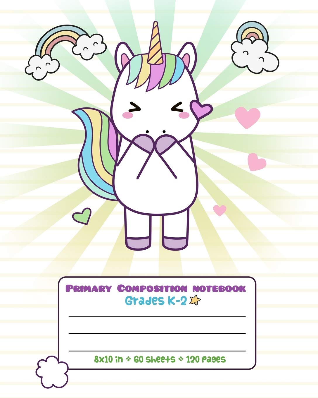 Primary Composition Notebook Grades K-2: Picture drawing and Dash Mid Line hand writing paper Magic Story Paper Journal - Heart Unicorn Rainbow Design Study Guides