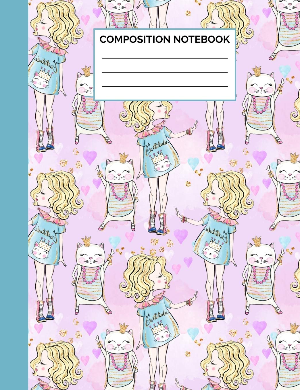 Composition Notebook: Cattitude Girl and Her Cat Pattern Wide Ruled Lined Note Book - Cute Pink Purple & Blue Journal with Lines for Kids Teens, ... Lined Pages / 50 Sheets - Size 7.44 x 9.69 Arts & Music