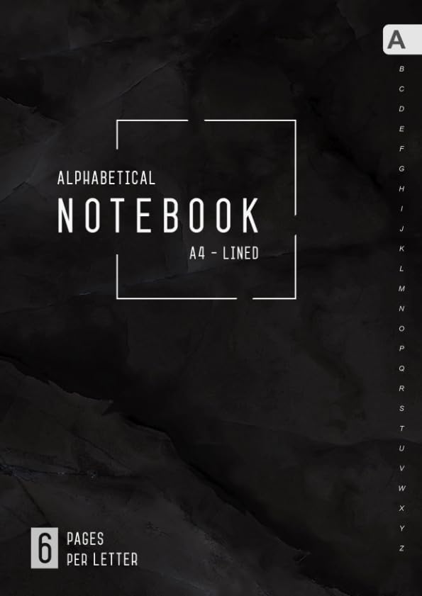 Alphabetical Notebook A4: 6 Pages per Letter | Lined-Journal Organizer Large with A-Z Tabs Printed | Marble Black Design Social Sciences