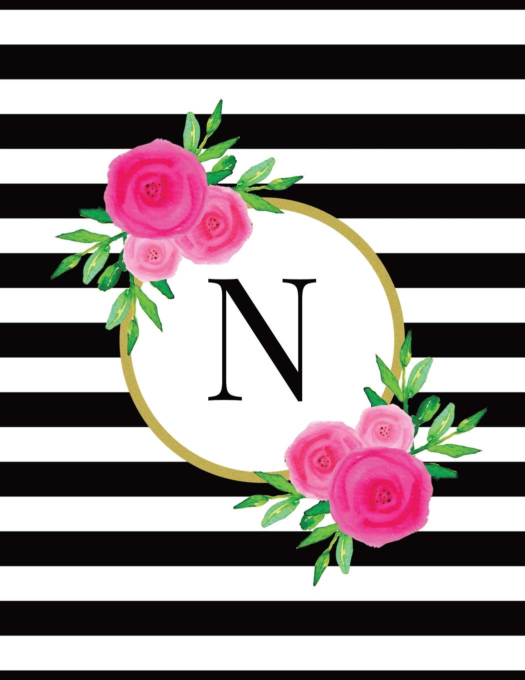 Black and White Striped Pink Floral Monogram Journal with Letter N Business, Finance & Career