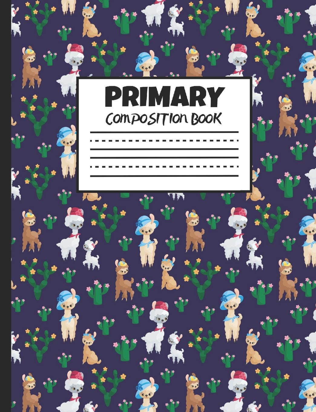 Primary Composition Book: Cute Llama Families in Hats with Flowering Cacti, 200 Pages, Handwriting Paper (7.44" x 9.69") Non-fiction