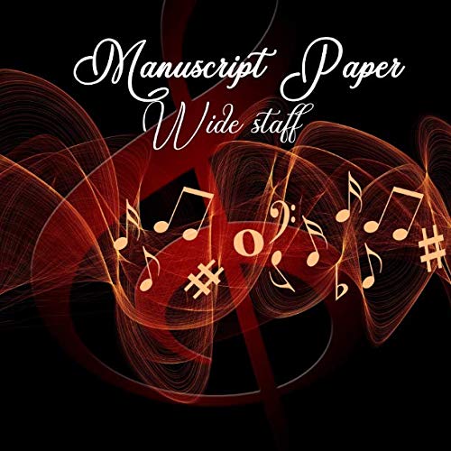 Manuscript Paper: Wide staff notebook, six staves per page, 8.5 x 8.5, paperback, black red with ribbon Arts & Music