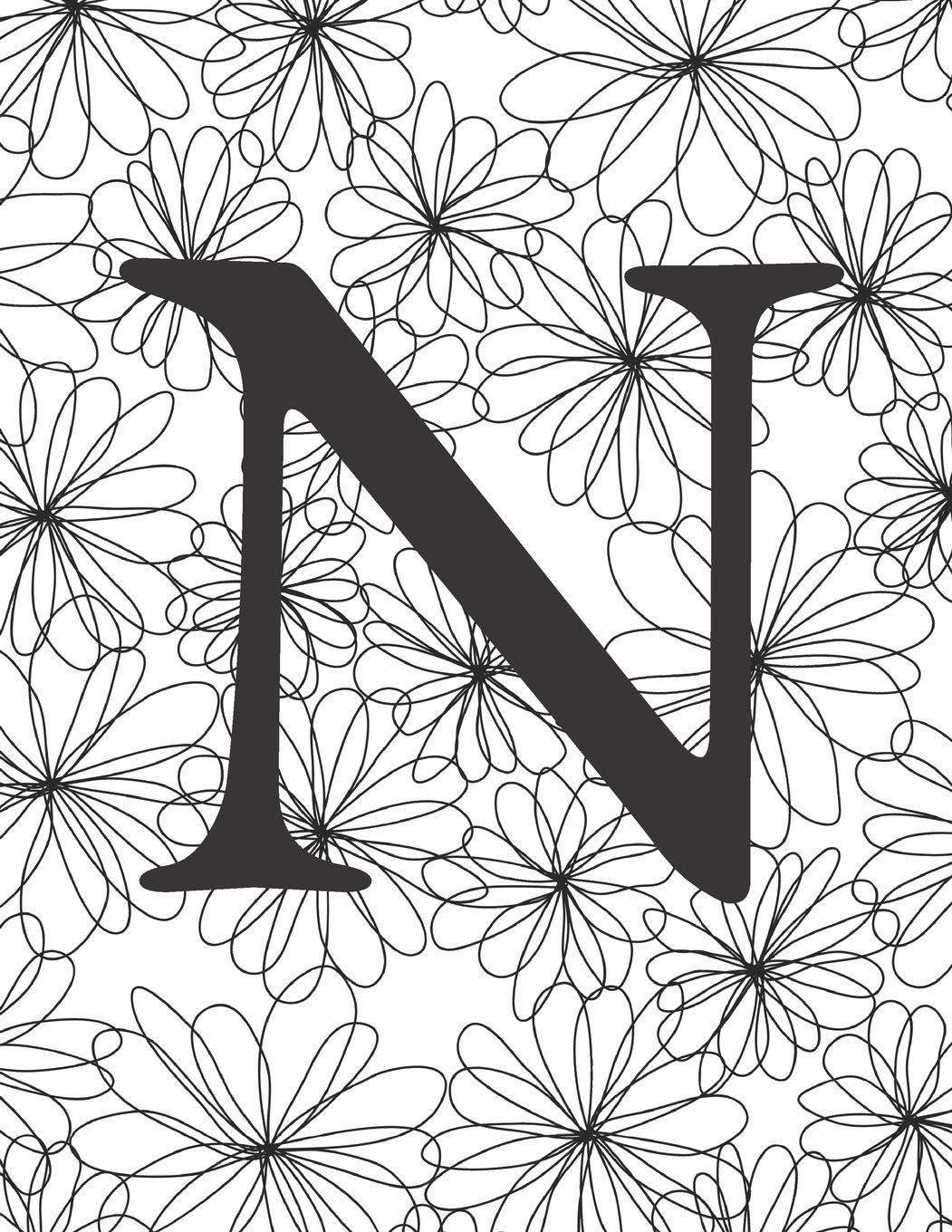 N: Monogram Initial N Notebook for Women and Girls-Black and White Flower-120 Pages 8.5 x 11 Non-fiction