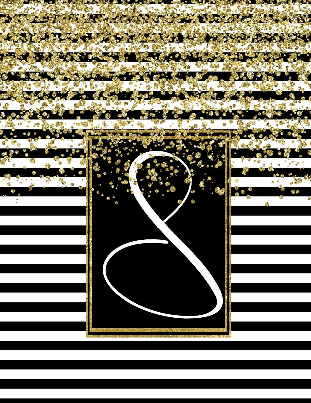 S: Monogram S, Initial S, Black and White Stripes With Digitally Printed Faux Gold Glitter, Blank Glam Notebook, 110 Lined Pages (55 Pages), Smooth Glossy Cover Books