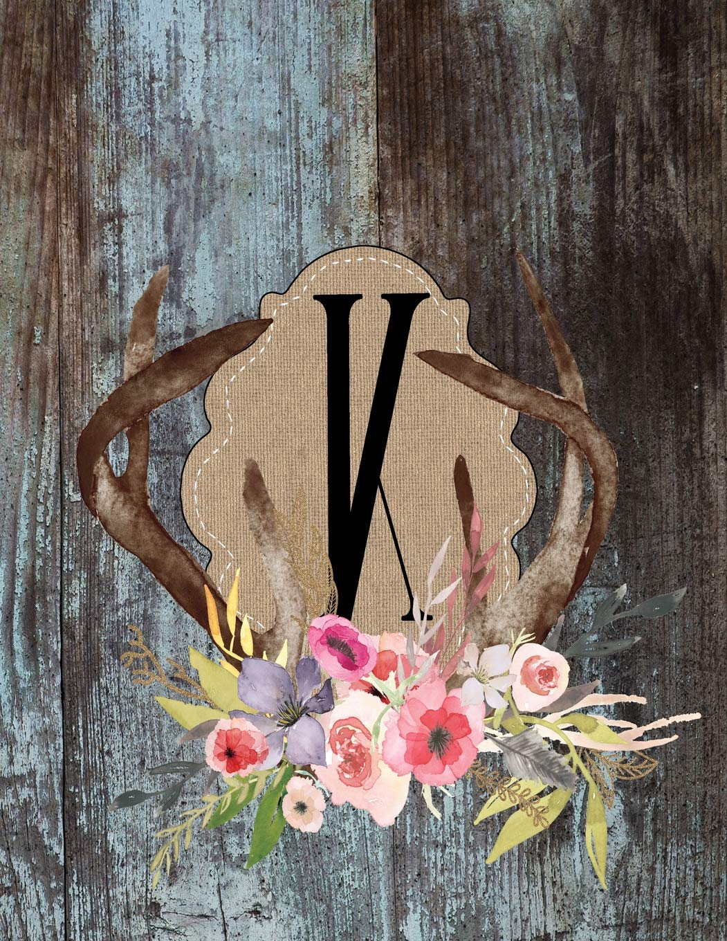 K: Monogram K, Initial K, Country Blue Faux Digitally Printed Wood With Watercolor Floral Antlers, Chic Blank Notebook, 110 Lined Pages (55 Pages), Smooth Matte Cover book
