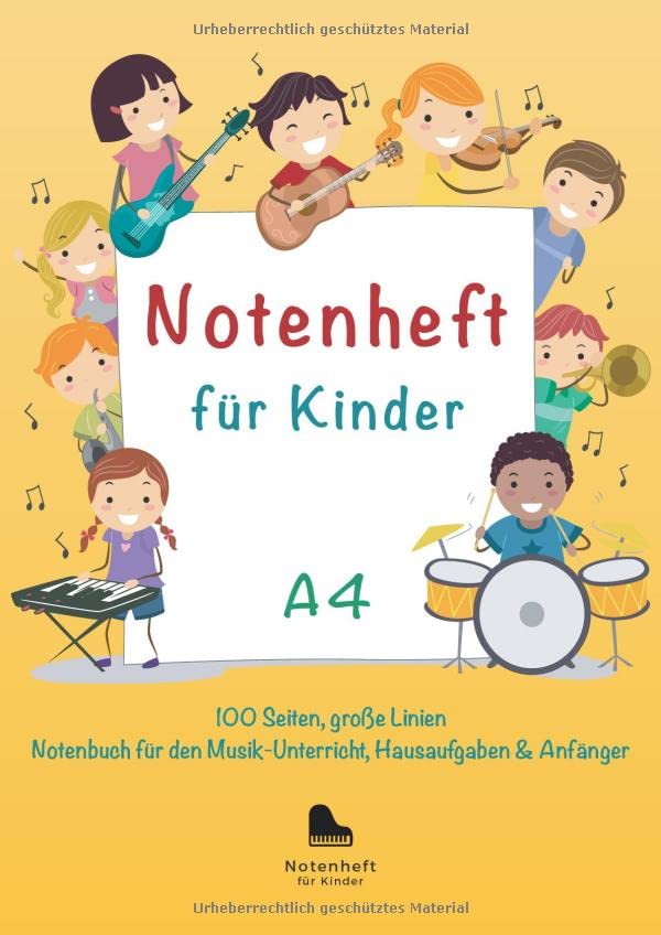 Notenheft für Kinder A4, 100 Seiten, große Linien - Notenbuch für den Musik-Unterricht, Hausaufgaben, Anfänger: Blanko Musikheft, Musiktheorie Arts & Music