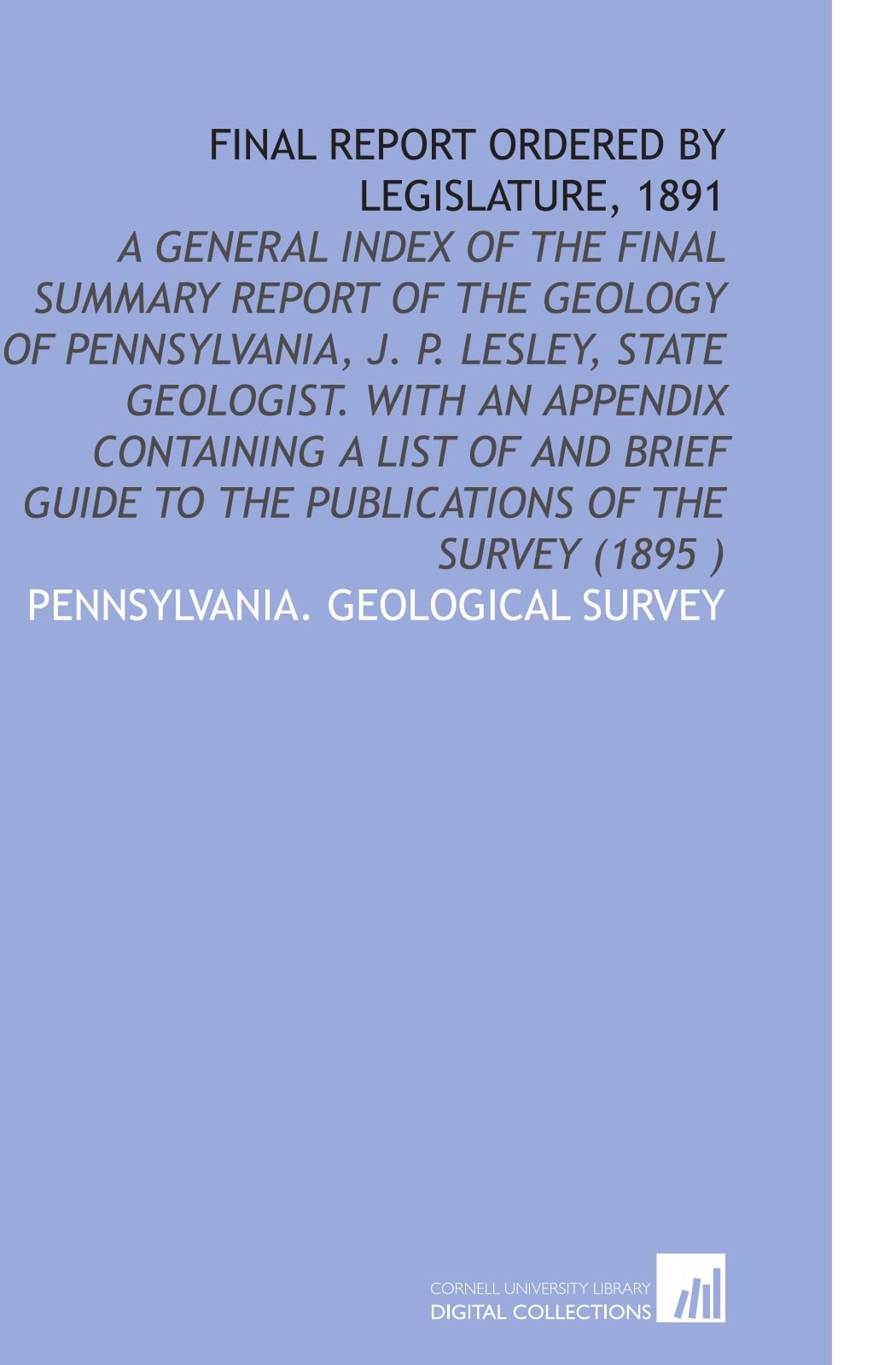 Final Report Ordered by Legislature, 1891 Books