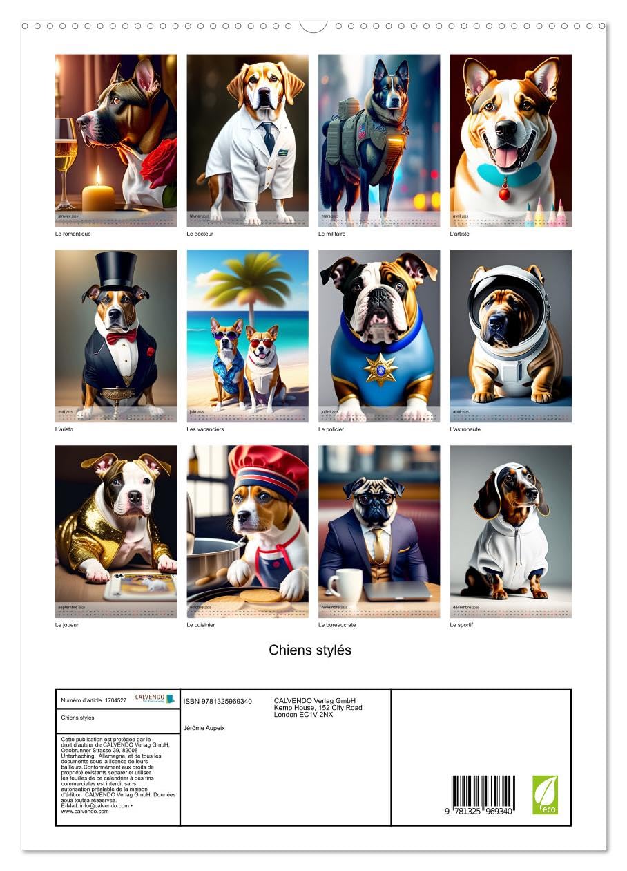 Chiens stylés (hochwertiger Premium Wandkalender 2025 DIN A2 hoch), Kunstdruck in Hochglanz Calendars