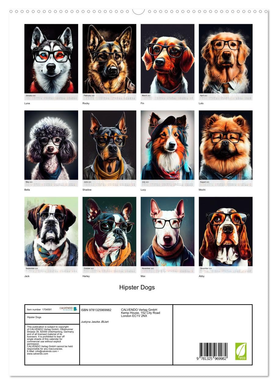 Hipster Dogs (hochwertiger Premium Wandkalender 2025 DIN A2 hoch), Kunstdruck in Hochglanz Books