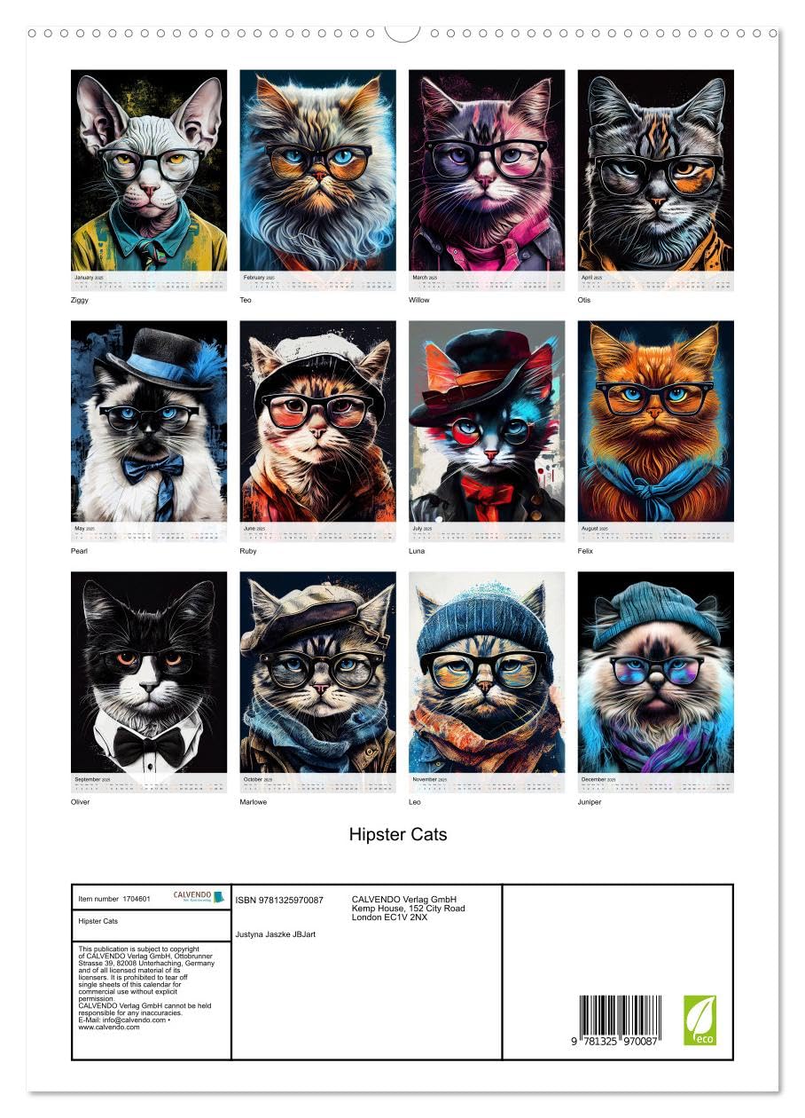 Hipster Cats (hochwertiger Premium Wandkalender 2025 DIN A2 hoch), Kunstdruck in Hochglanz Calendars