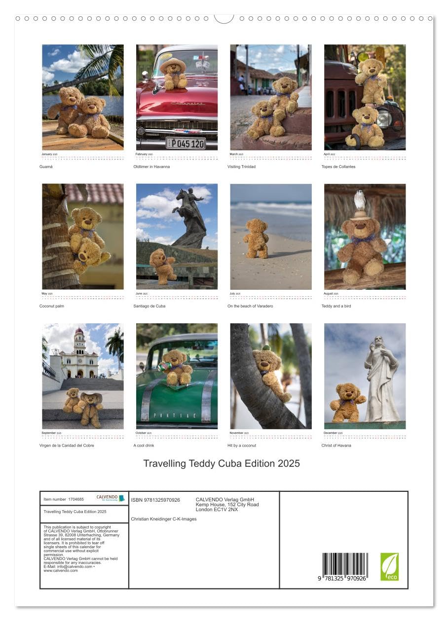 Travelling Teddy Cuba Edition 2025 (hochwertiger Premium Wandkalender 2025 DIN A2 hoch), Kunstdruck in Hochglanz Calendars