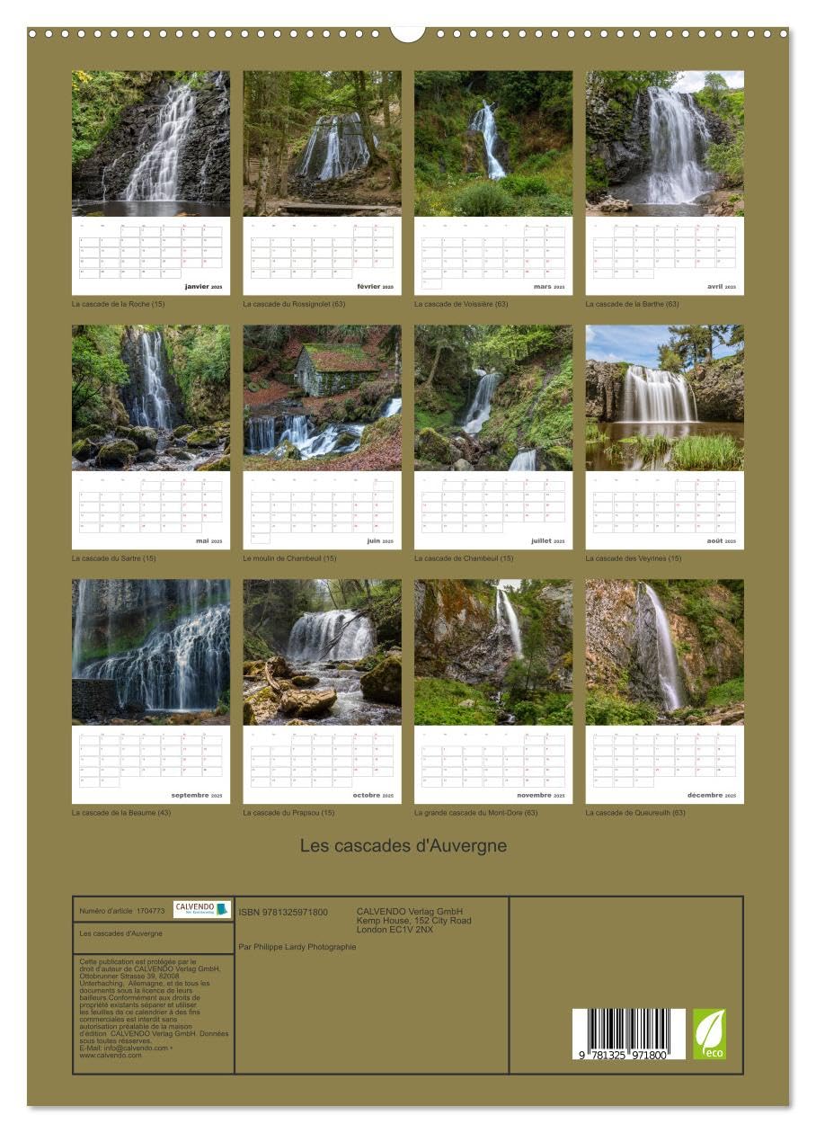 Les cascades d'Auvergne (hochwertiger Premium Wandkalender 2025 DIN A2 hoch), Kunstdruck in Hochglanz Books