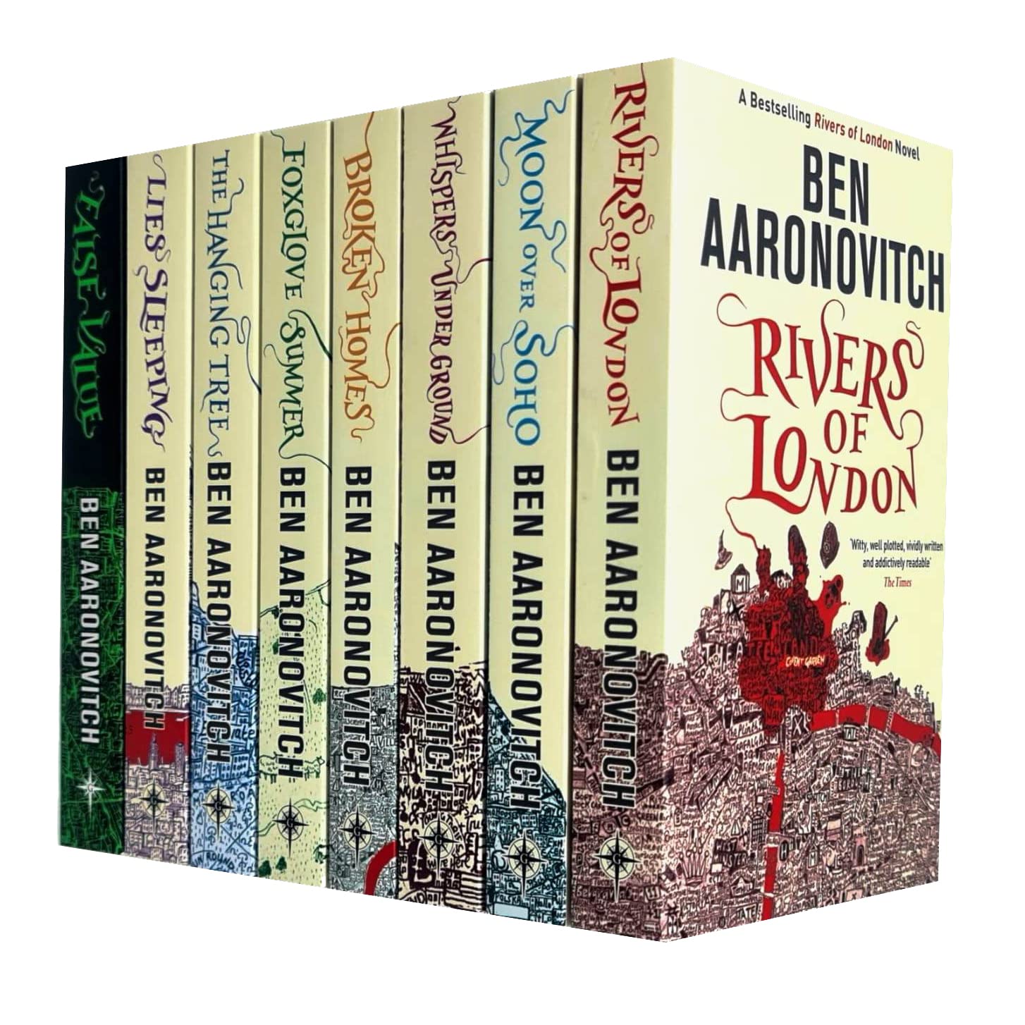 Eine Rivers of London-Seriensammlung mit 8 Büchern von Ben Aaronovitch (Rivers of London, Moon Over Soho, Whispers Under Ground, Broken Homes, Fingerhutsommer, The Hanging Tree, Lies Sleeping & False Novels & Short Stories