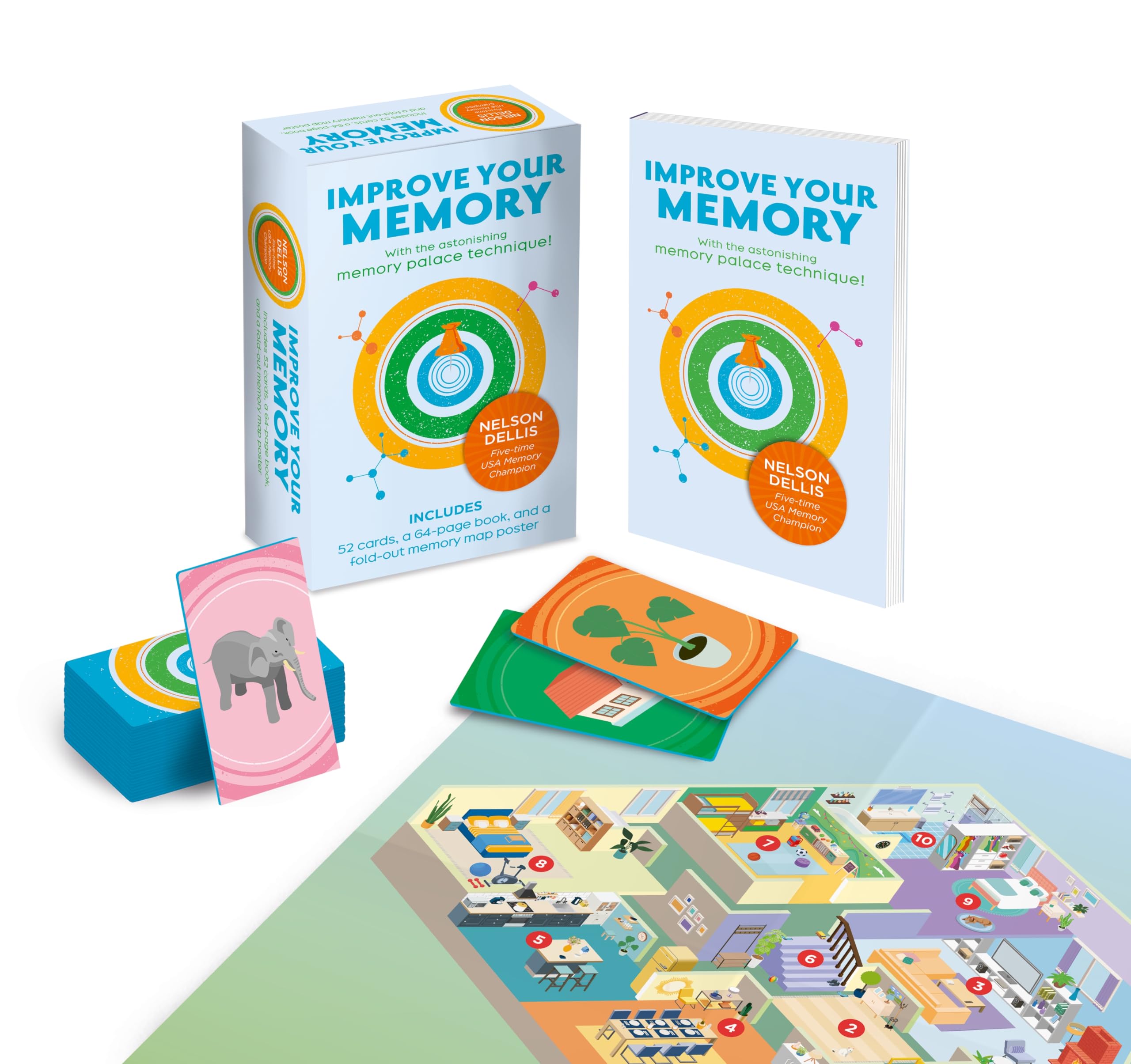 Improve Your Memory: With the Astonishing Memory Palace Technique: Includes 52 Cards, 64-page Book, and a Fold-out Memory Map Poster book