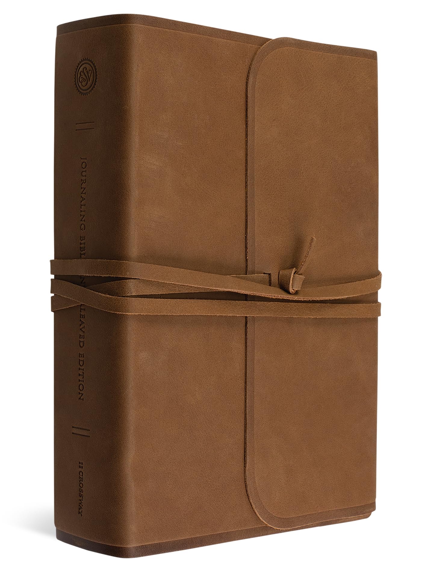 Holy Bible: English Standard Bible, Brown, Flap With Strap, Natural Leather, Journaling Bible, Interleaved Edition book