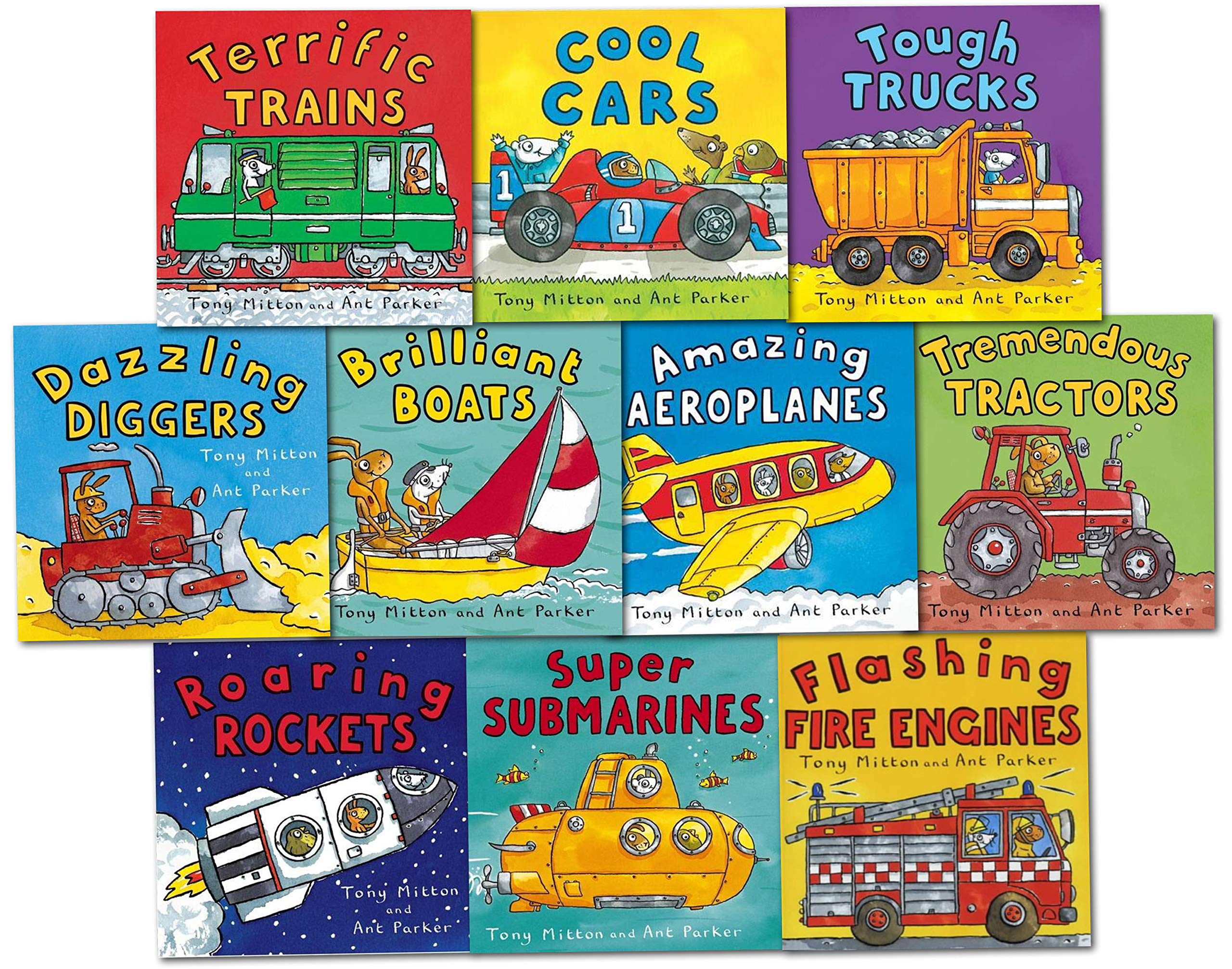 Amazing Machines Truckload Children Collection Tony Mitton 10 Books Set (TERRIFIC TRAINS, TREMENDOUS TRACTORS, TOUGH TRUCKS, DAZZLING DIGGERS, SUPER SUBMARINES, BRILLIANT BOATS, ROARING ROCKETS, COOL CARS, FLASHING FIRE ENGINES, AMAZING AEROPLANES) book