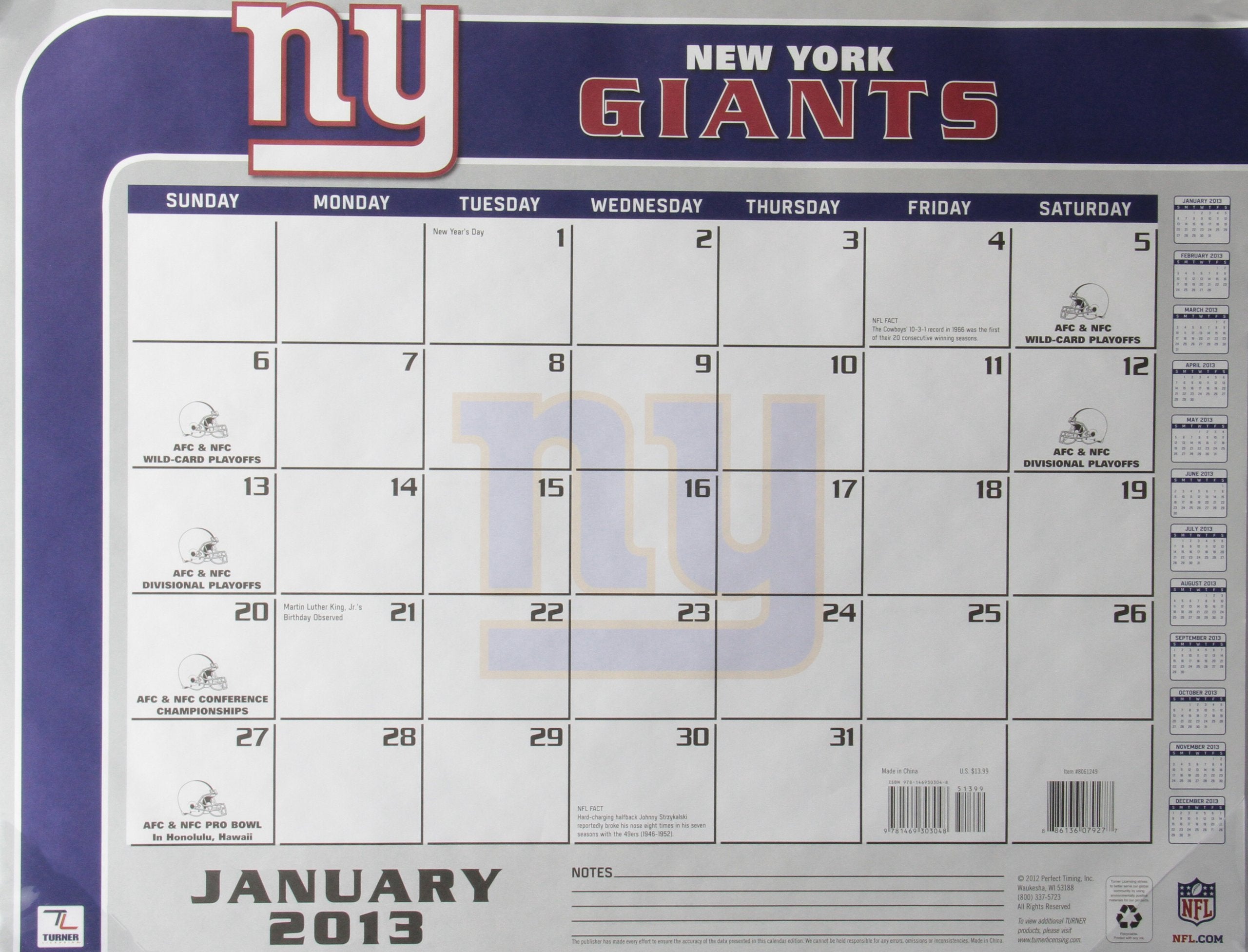 New York Giants NFL 2013 Calendar Leisure & Fun