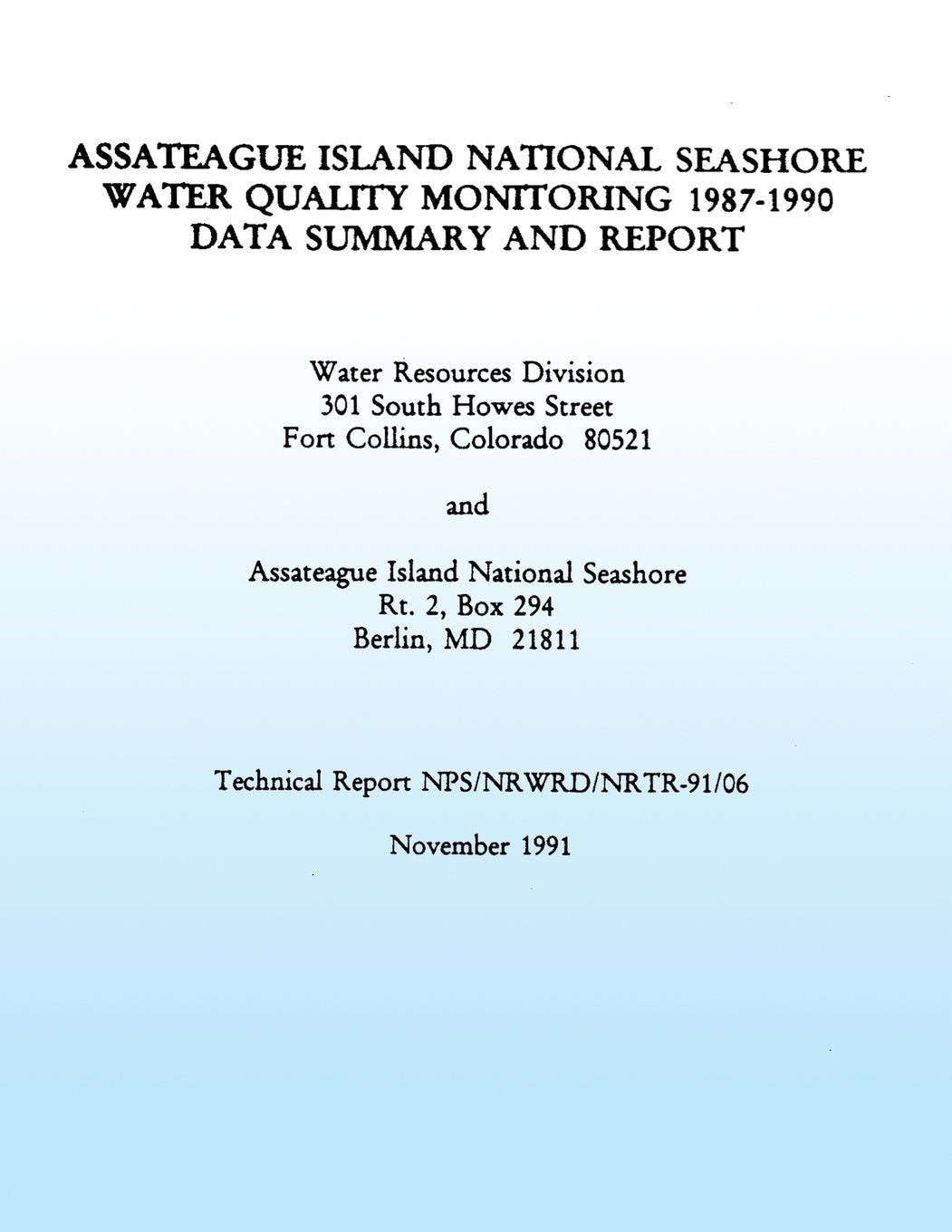 Assateague Island National Seashore Water Quality Monitoring 1987-1990 Data Summary and Report (Technical Report NPS/NRWRD/NRTR- 91/06) Mathematics