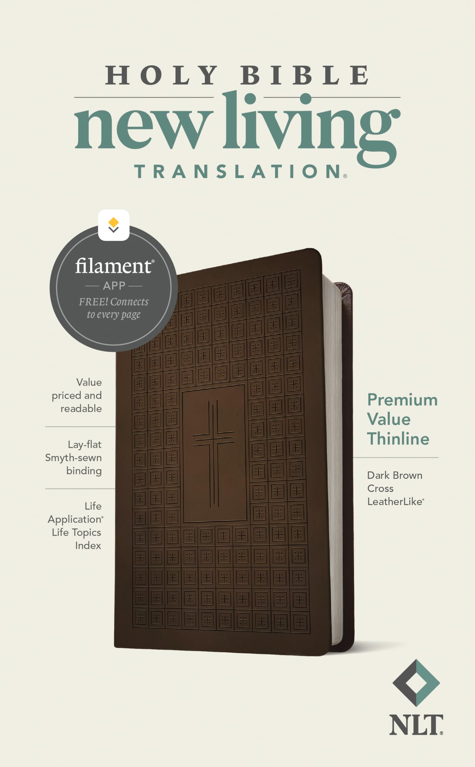 Holy Bible: New Living Translation, Dark Brown Cross, Leatherlike, Premium Value Thinline, Filament Enabled Religion & Esotericism