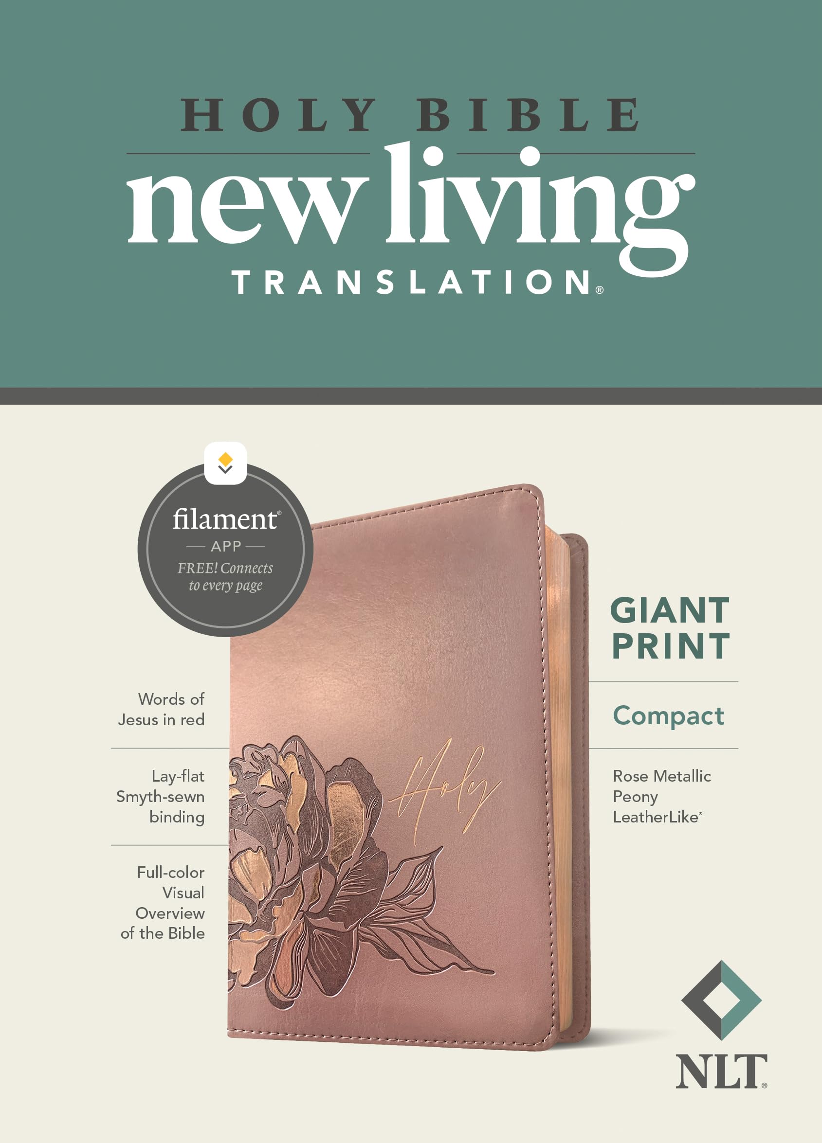 Holy Bible: New Living Translation, Rose Metallic Peony, Leatherlike, Giant Print, Red Letter Religion & Esotericism