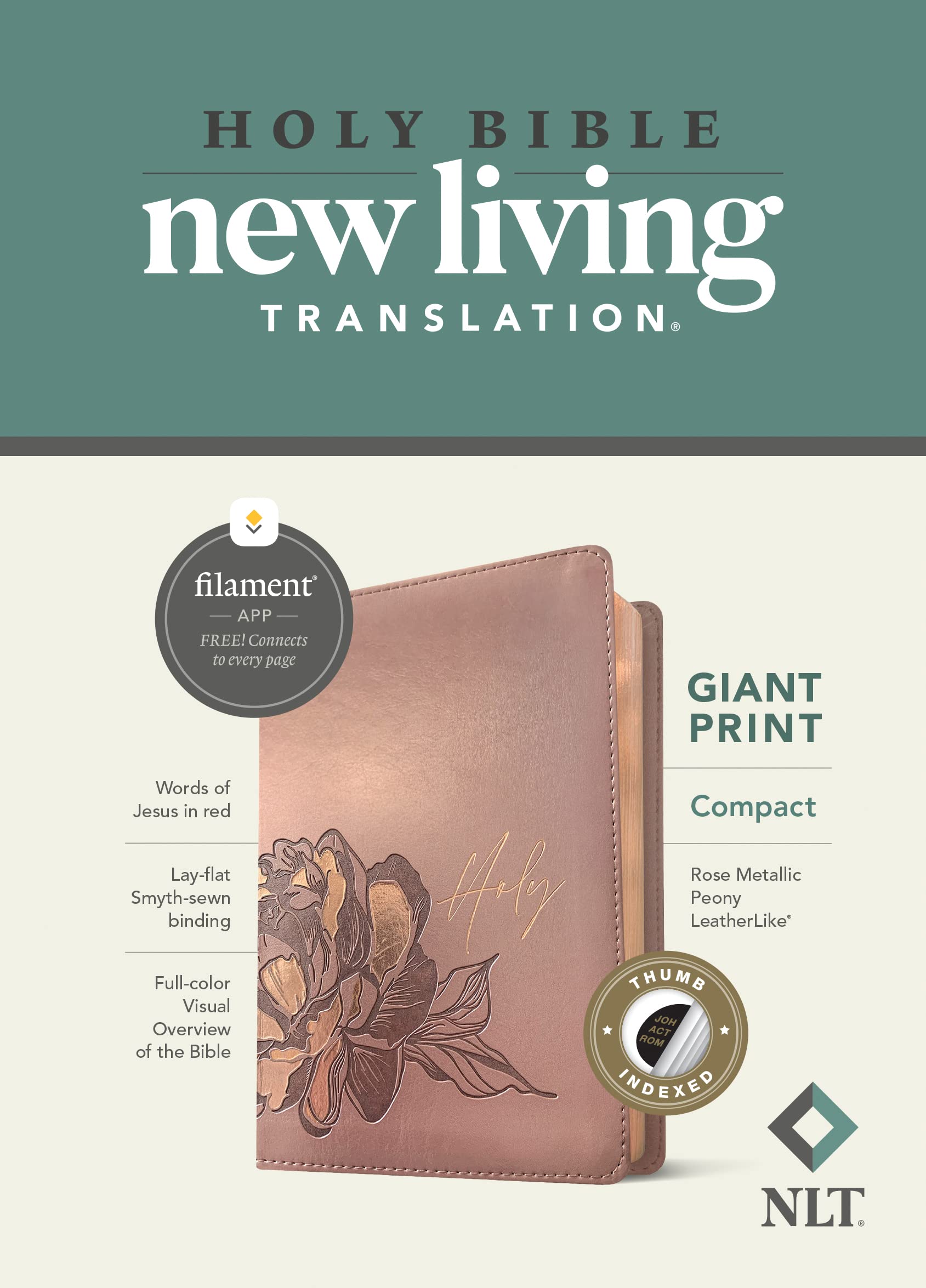 Holy Bible: New Living Translation, Rose Metallic Peony, Leatherlike, Giant Print Bible, Filament Enabled Edition, Red Letter Religion & Esotericism