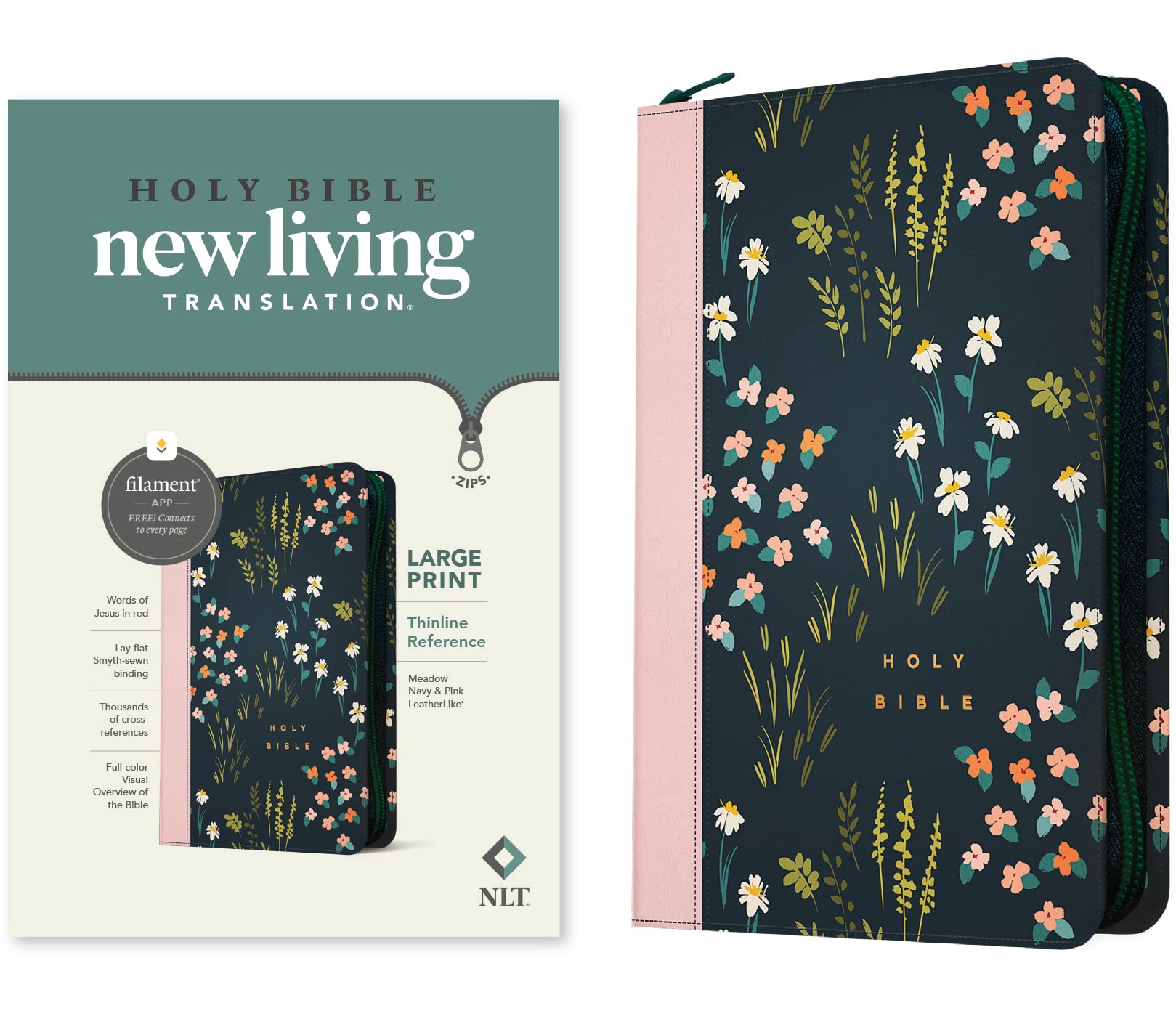 NLT Large Print Thinline Reference Zipper Bible, Filament Enabled (Leatherlike, Meadow Navy & Pink, Red Letter) Religion & Esotericism
